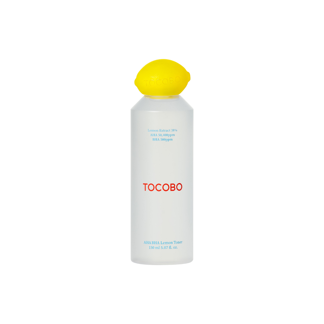 TOCOBO AHA BHA Lemon Toner 150ml bottle with lemon and botanical illustrations on the label.
