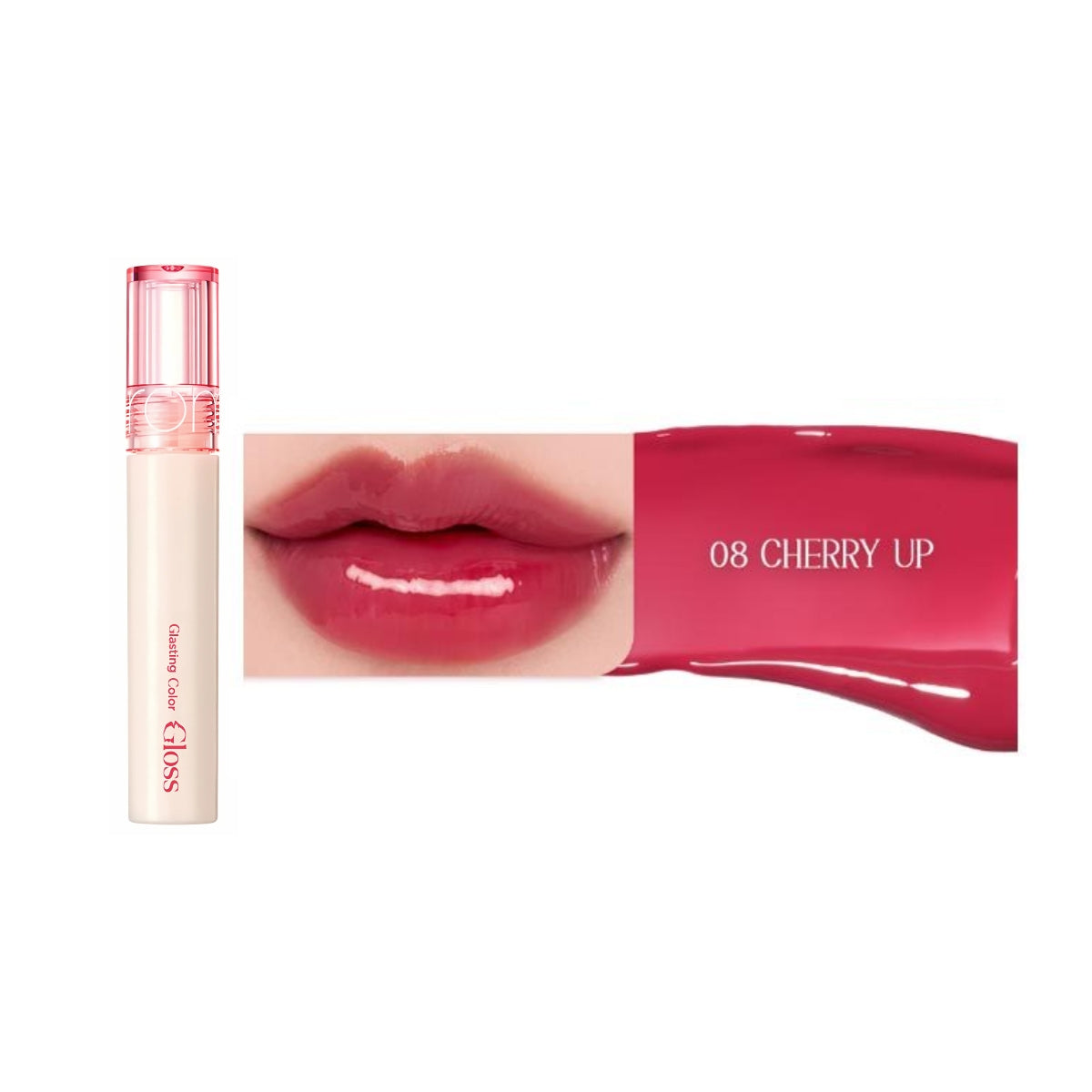 Rom&nd Glasting Color Gloss lip gloss in 8 vibrant shades, featuring glossy finish and smooth application.