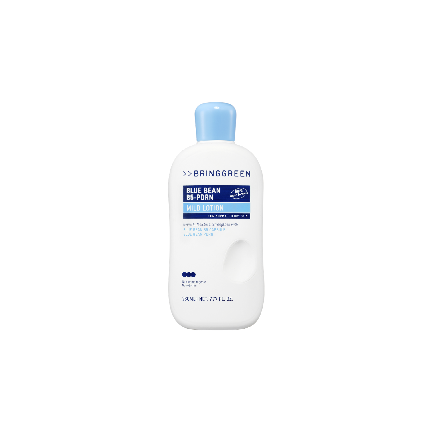 Bring Green Blue Bean B5-PDRN Mild Face Moisturizer in a 230ml bottle, showing the light blue lotion and packaging.