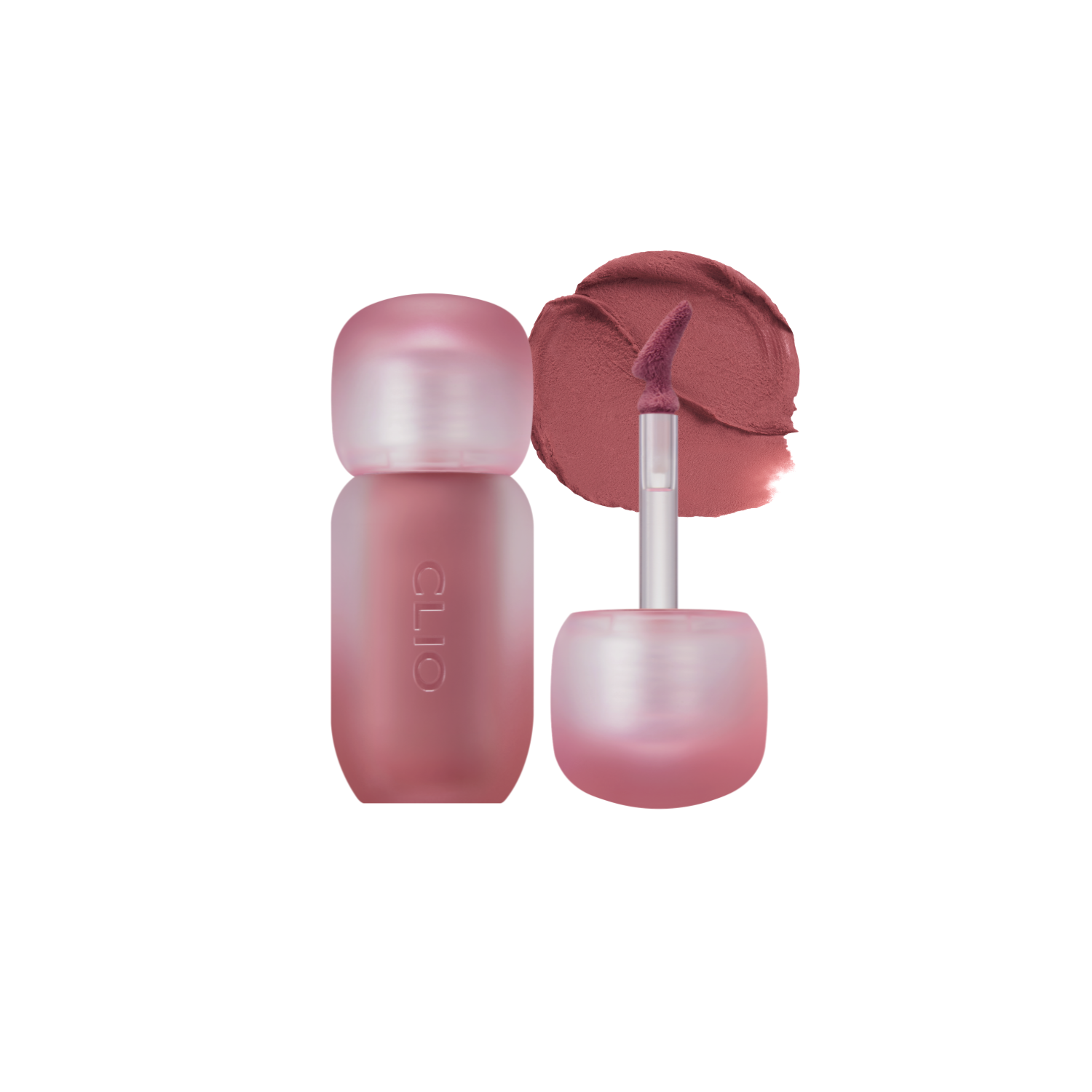 Clio Volumate Blur Tint lip tint in 8 shades, featuring a close-up of the product packaging with color swatches.