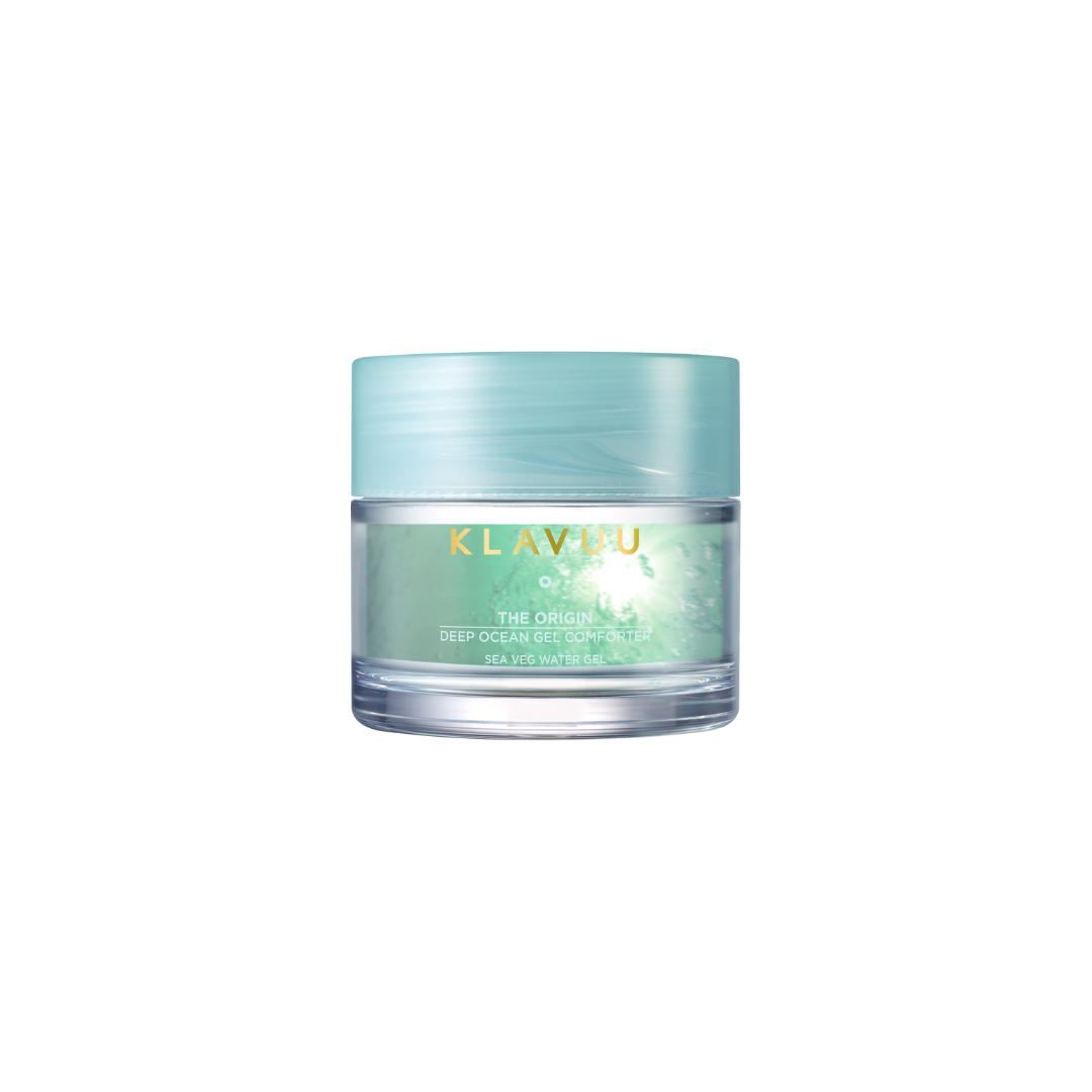 Klavuu The Origin Deep Ocean Gel Comforter face moisturizer in a 70ml jar, with blue and white packaging and product label visible.