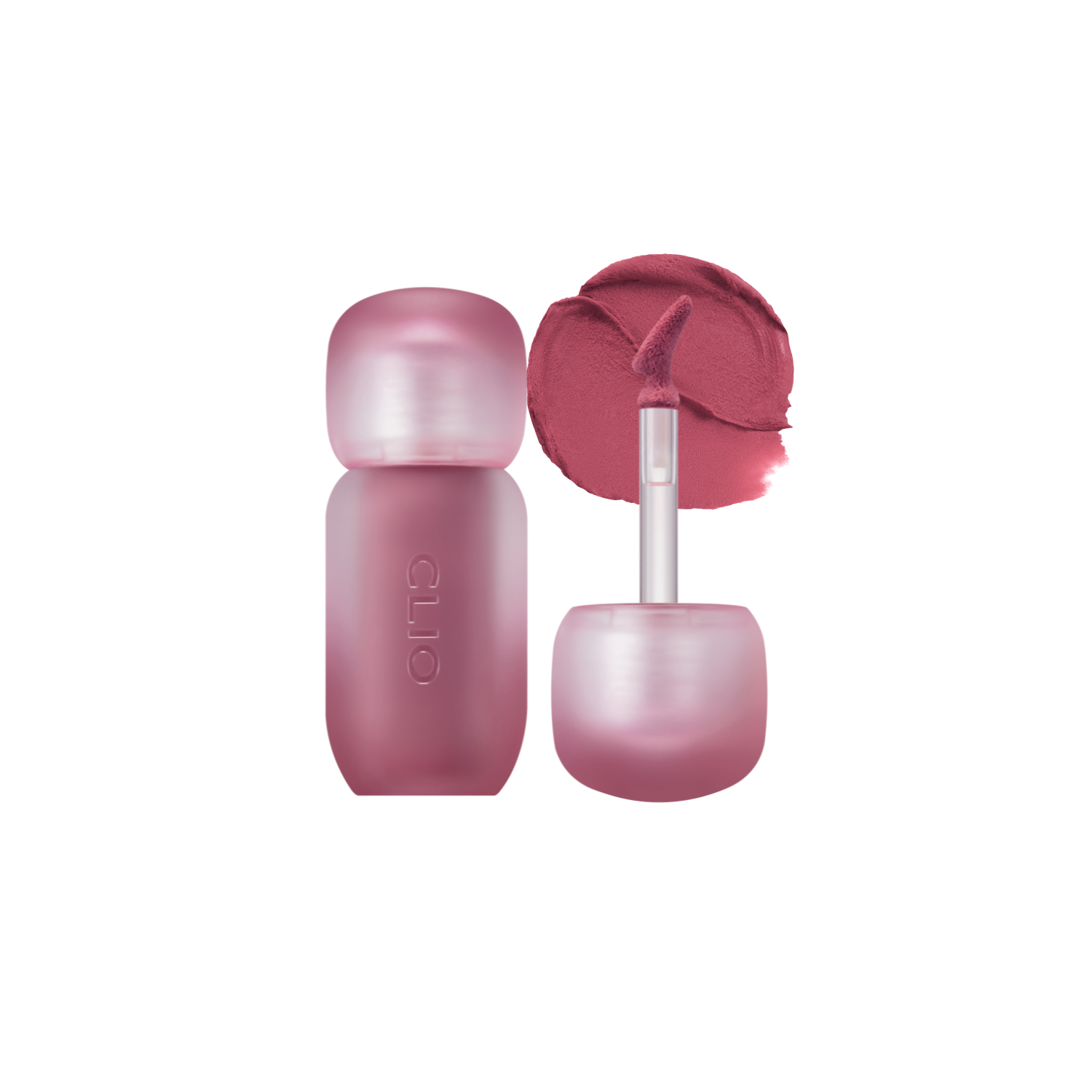 Clio Volumate Blur Tint lip tint in 8 shades, featuring sleek packaging and swatches of vibrant, matte lip color.