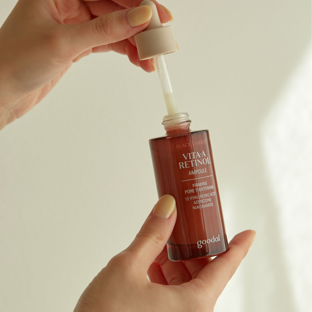 Goodal Black Carrot Vita-A Retinol Ampoule in 30mL bottle, featuring dark amber packaging and dropper applicator for skincare.