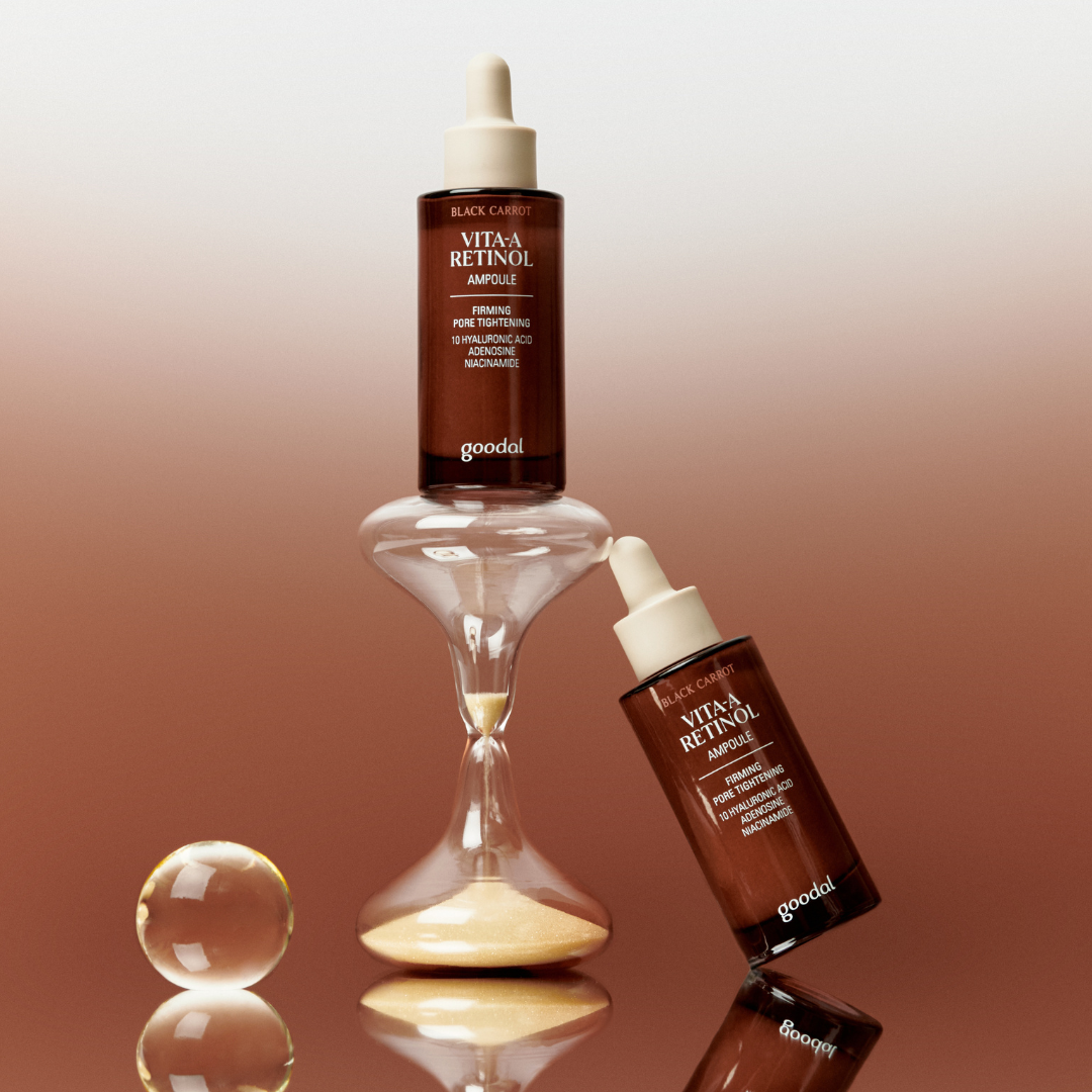 Goodal Black Carrot Vita-A Retinol Firming Ampoule in a 30mL bottle, with a dark packaging and product label visible.