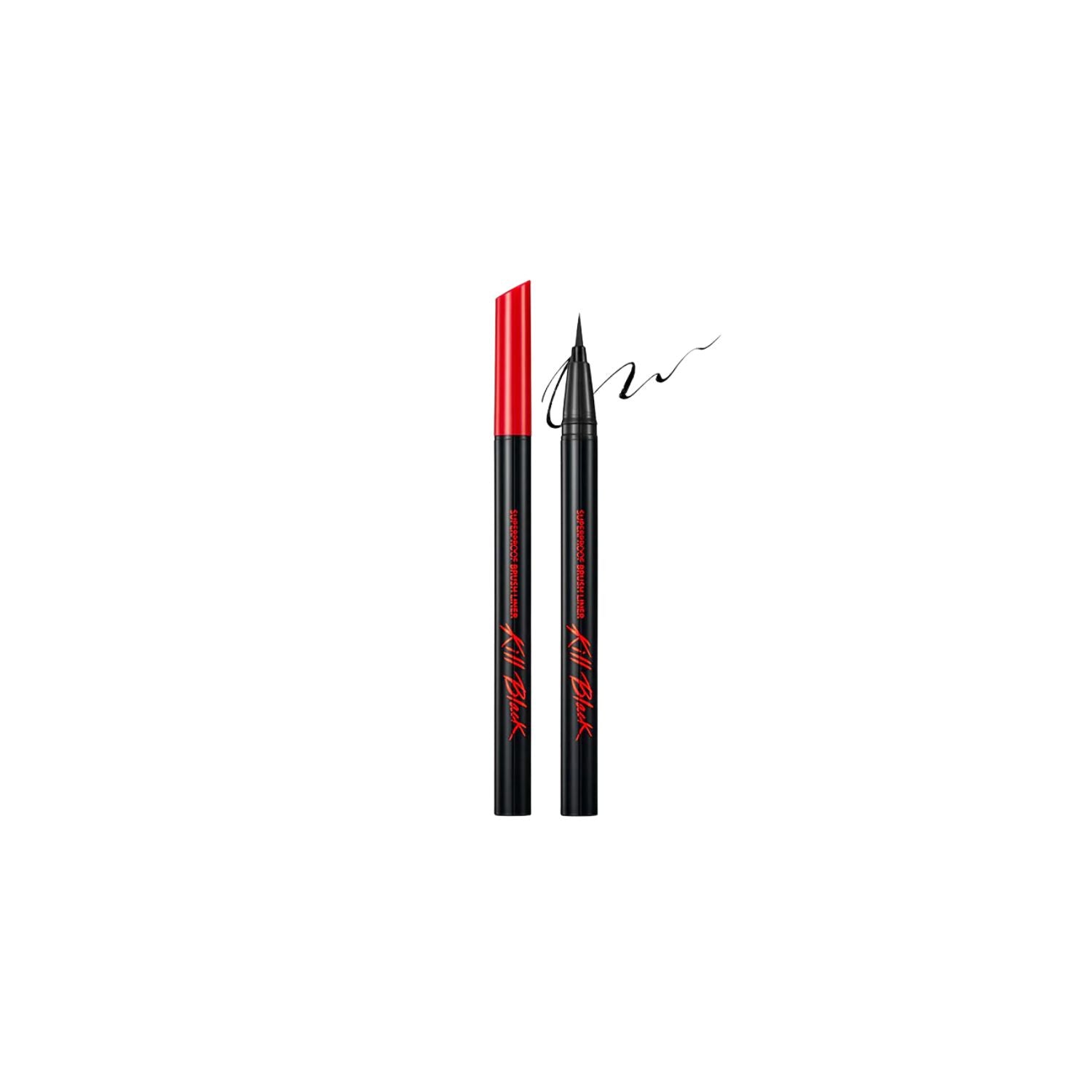 Clio Superproof Brush Liner liquid eyeliner with two shades, featuring a precise brush tip and sleek black packaging.