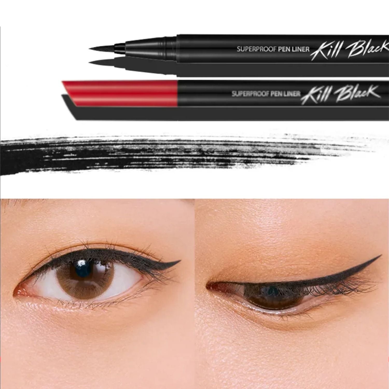 Clio Superproof Brush Liner liquid eyeliner with two shades, featuring a precise brush tip for defining eyes.