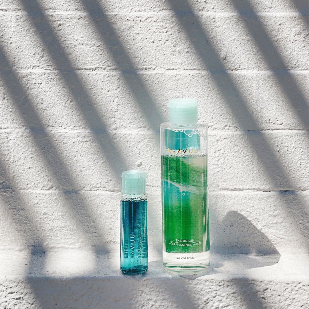 Klavuu The Origin Ocean Essence Water and Ocean Booster Shot toner bottles with blue and white packaging.