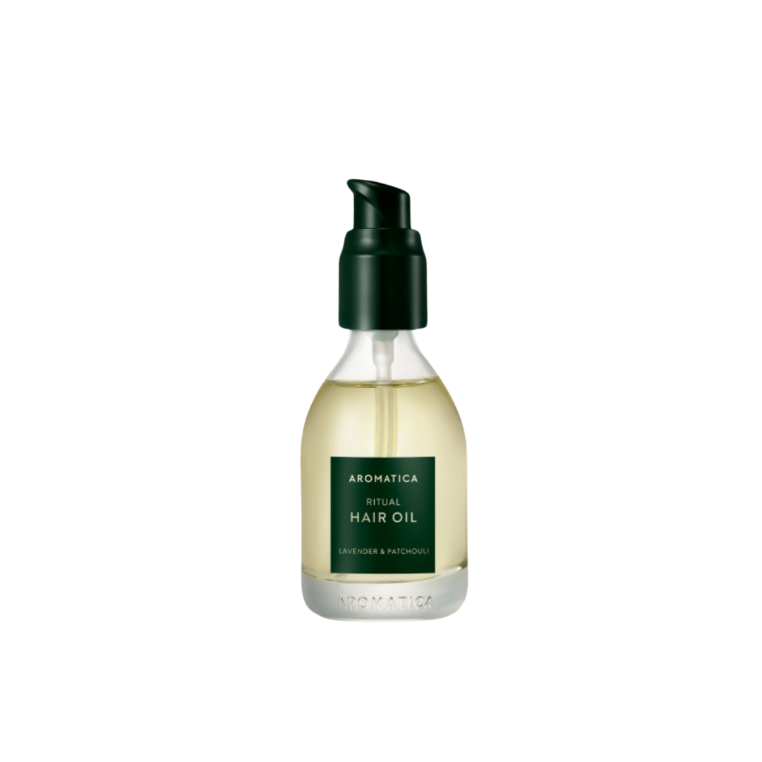 Aromatica Ritual Hair Oil with lavender and patchouli in a 50ml bottle, suitable for hair styling and nourishing hair.