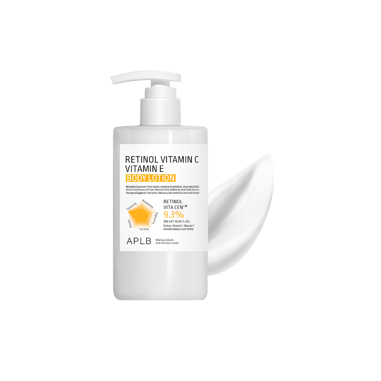 APLB Retinol, Vitamin C, and Vitamin E body lotion in a 300ml bottle, featuring a sleek white packaging design.