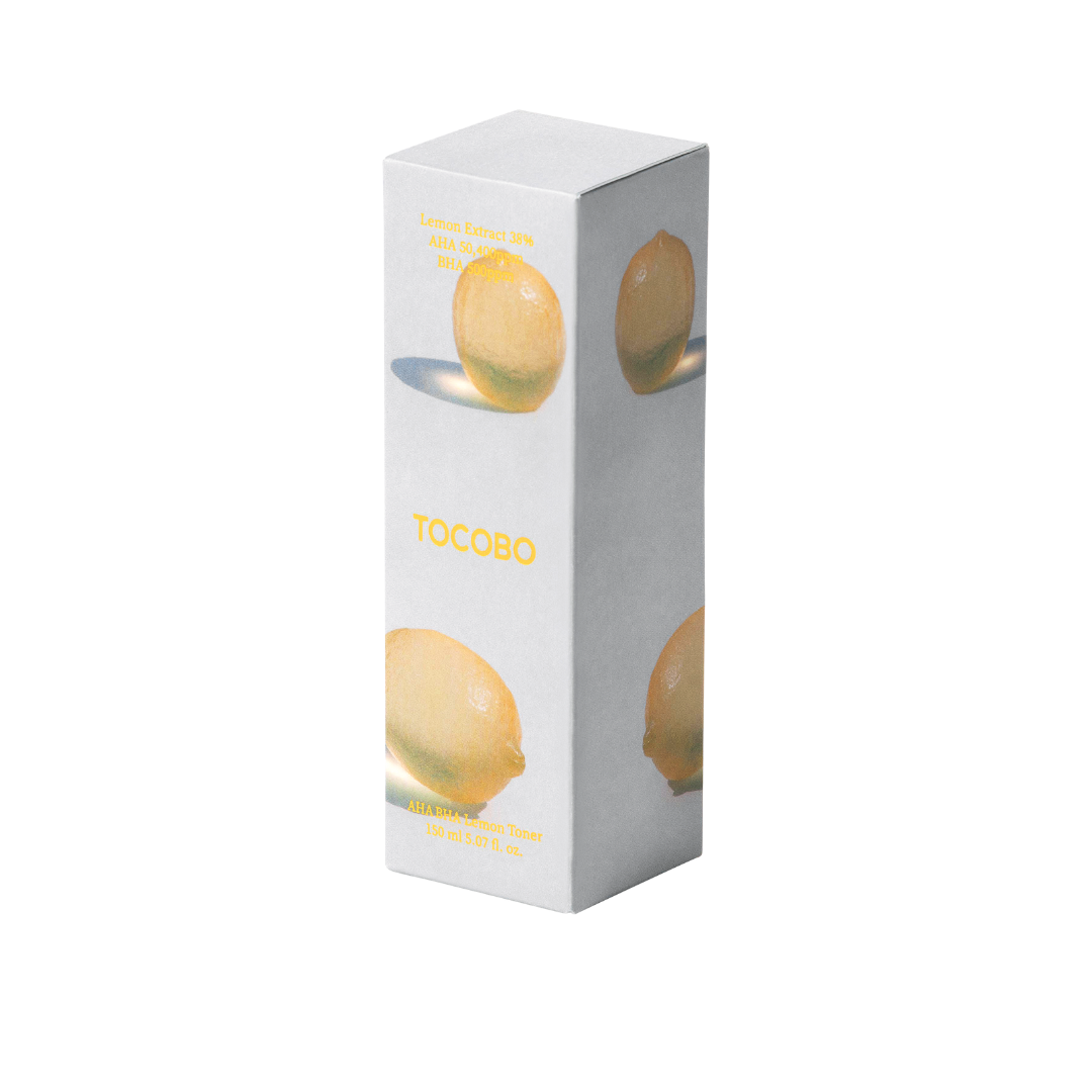TOCOBO AHA BHA Lemon Toner 150ml bottle with clear liquid and lemon slices, designed for skincare exfoliation.