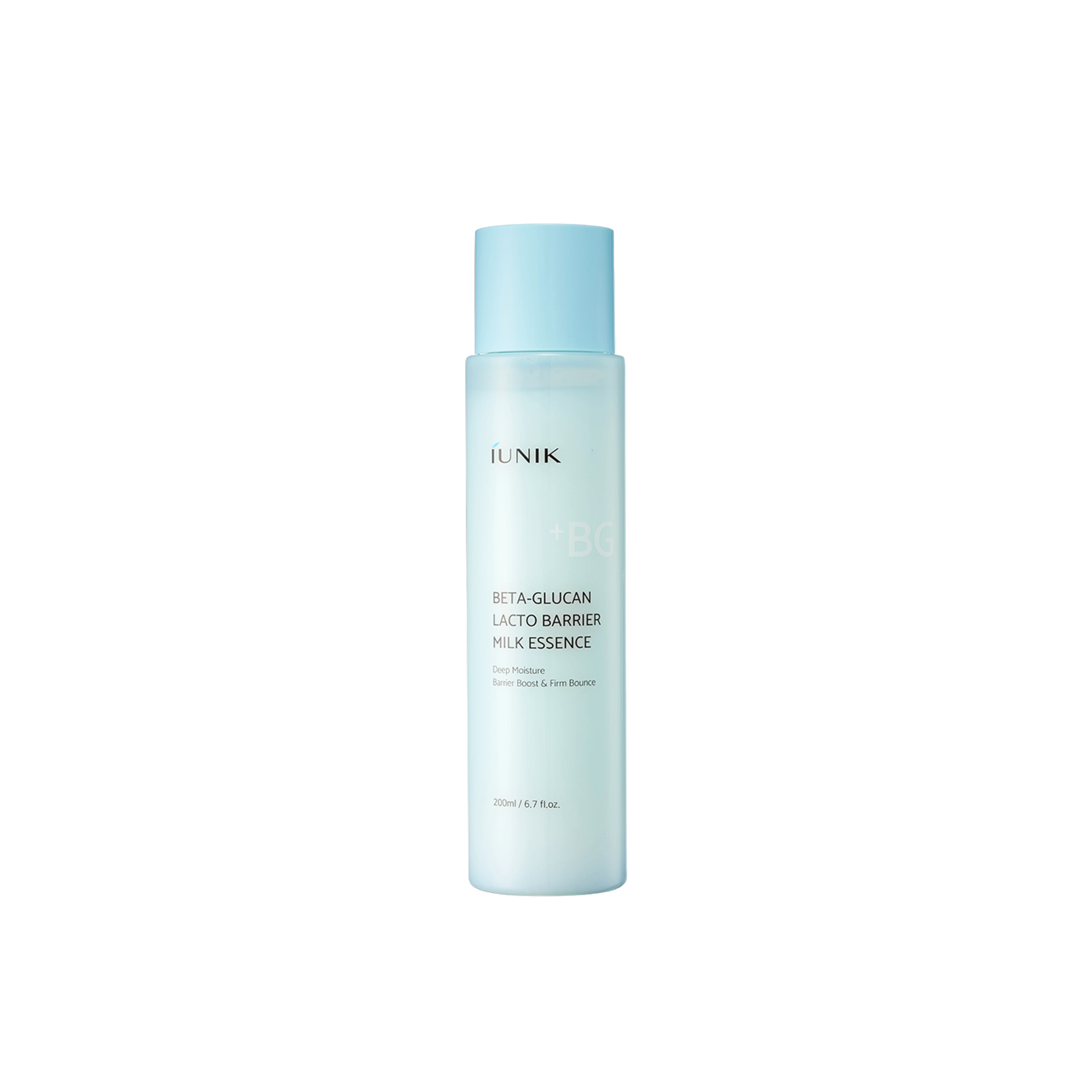 iUNIK Beta Glucan Lacto Barrier Milk Essence bottle with liquid essence inside, 200ml size, featuring a clear label and pump dispenser.