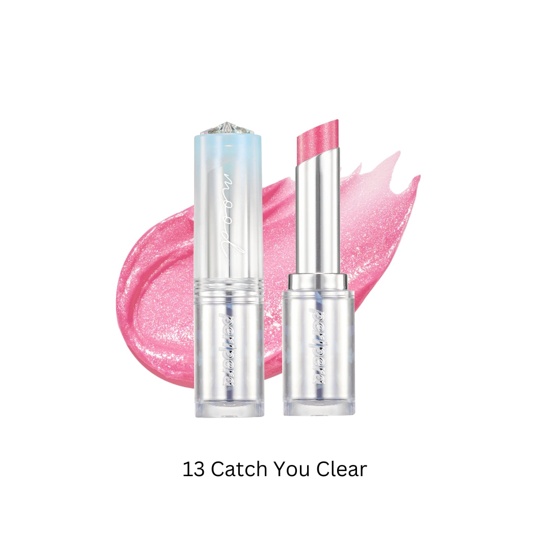 Peripera Ink Mood Glowy Balm lipstick in a soft, glowing pink shade, displayed in a sleek tube with a clear cap.