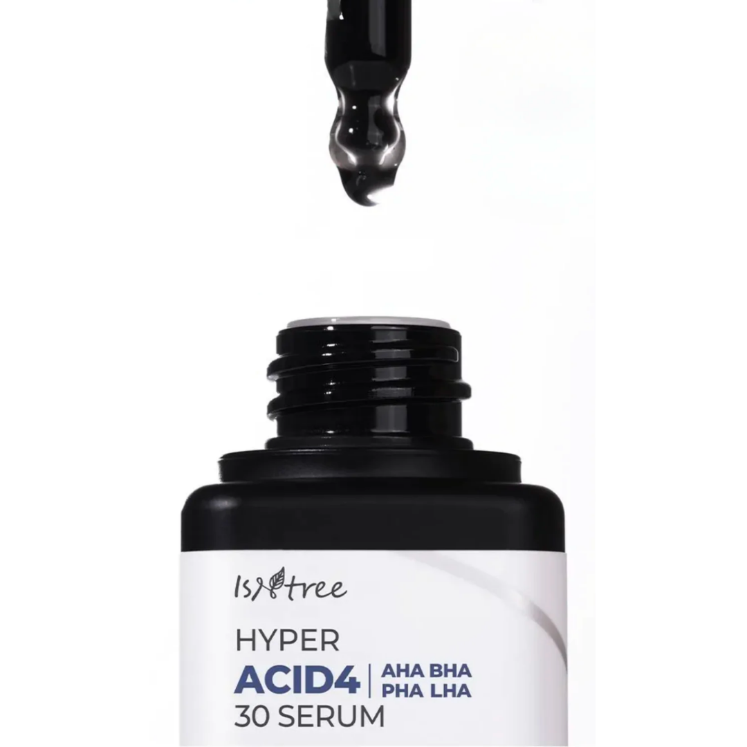 Isntree Hyper Acid4 AHA BHA PHA LHA serum in a 20mL bottle, featuring clear liquid and dropper for targeted skin exfoliation.