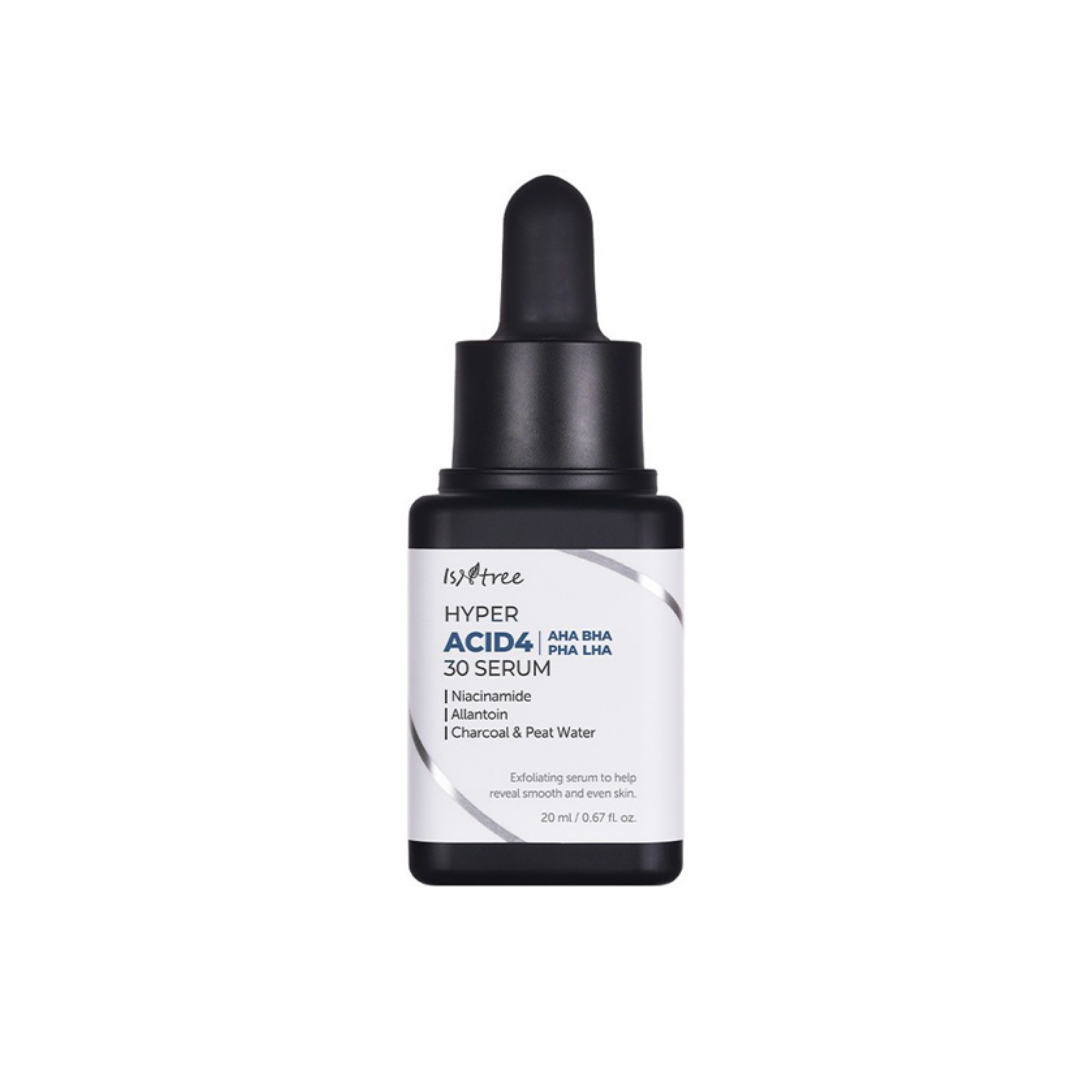 Isntree Hyper Acid4 AHA BHA PHA LHA serum in a 20mL bottle, featuring clear liquid and dropper applicator for skincare.