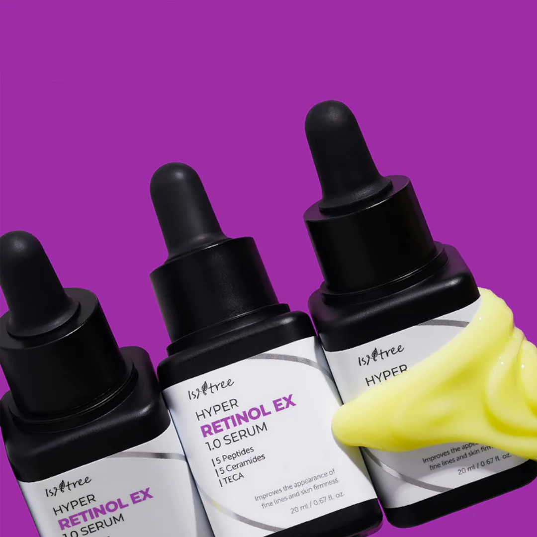 Isntree Hyper Retinol Ex 1.0 Serum in a 20mL bottle, featuring clear liquid and a sleek pump dispenser for skincare treatment.