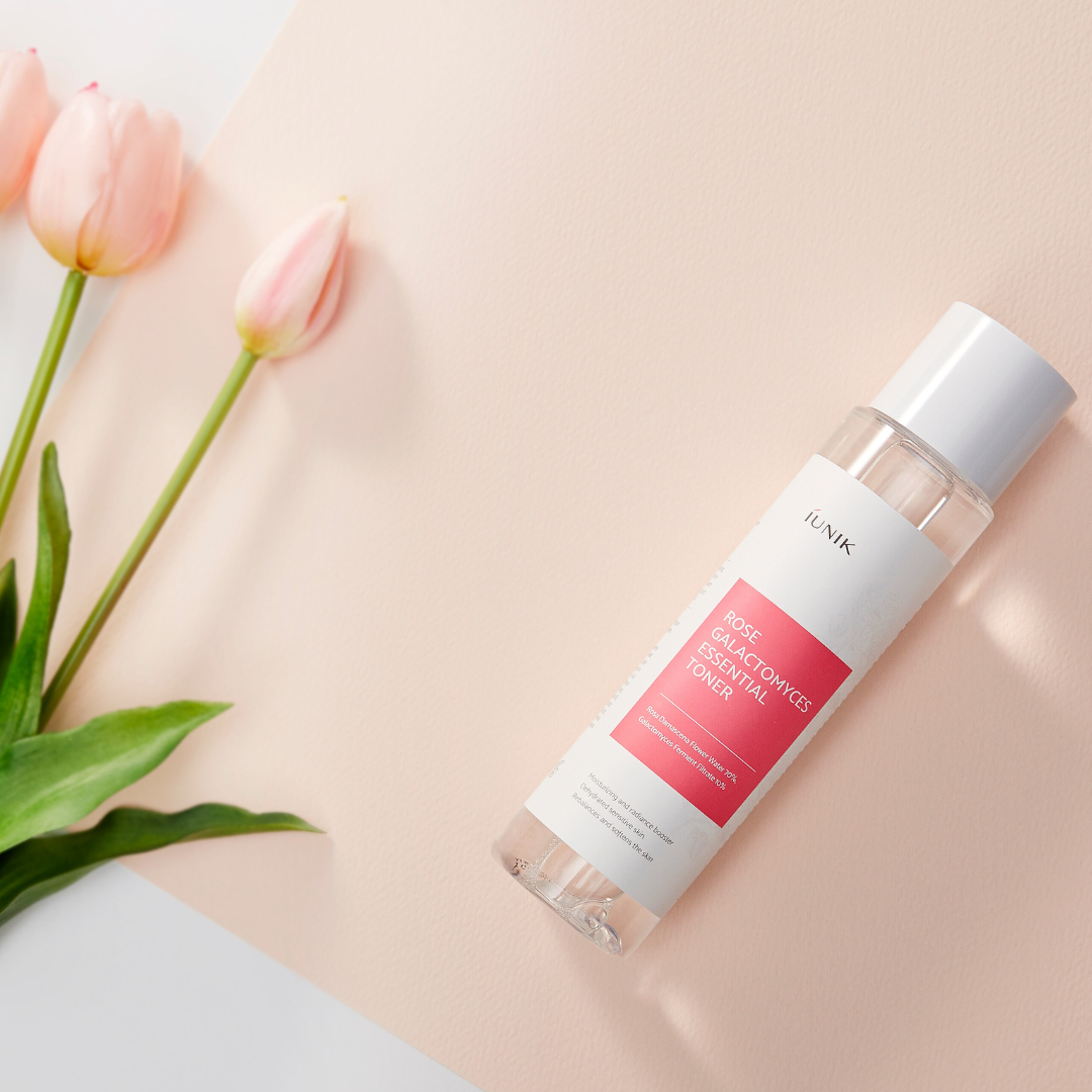 iUNIK Rose Galactomyces Essential Toner 200ml bottle with rose and skincare ingredients in clear packaging