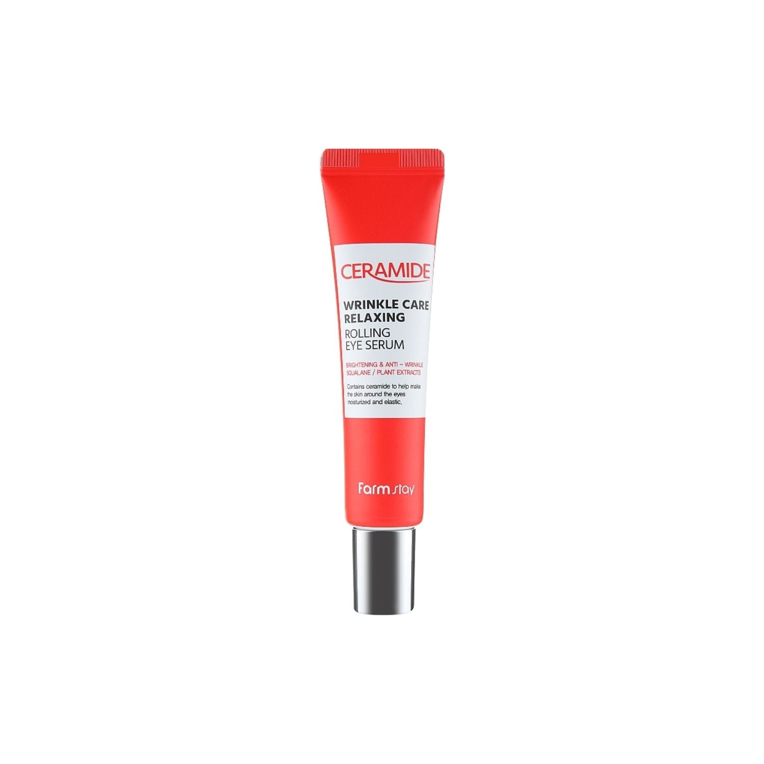 Farmstay Ceramide Wrinkle Care Relaxing Rolling Eye Serum bottle, 25ml, with applicator tip for eye area skincare.