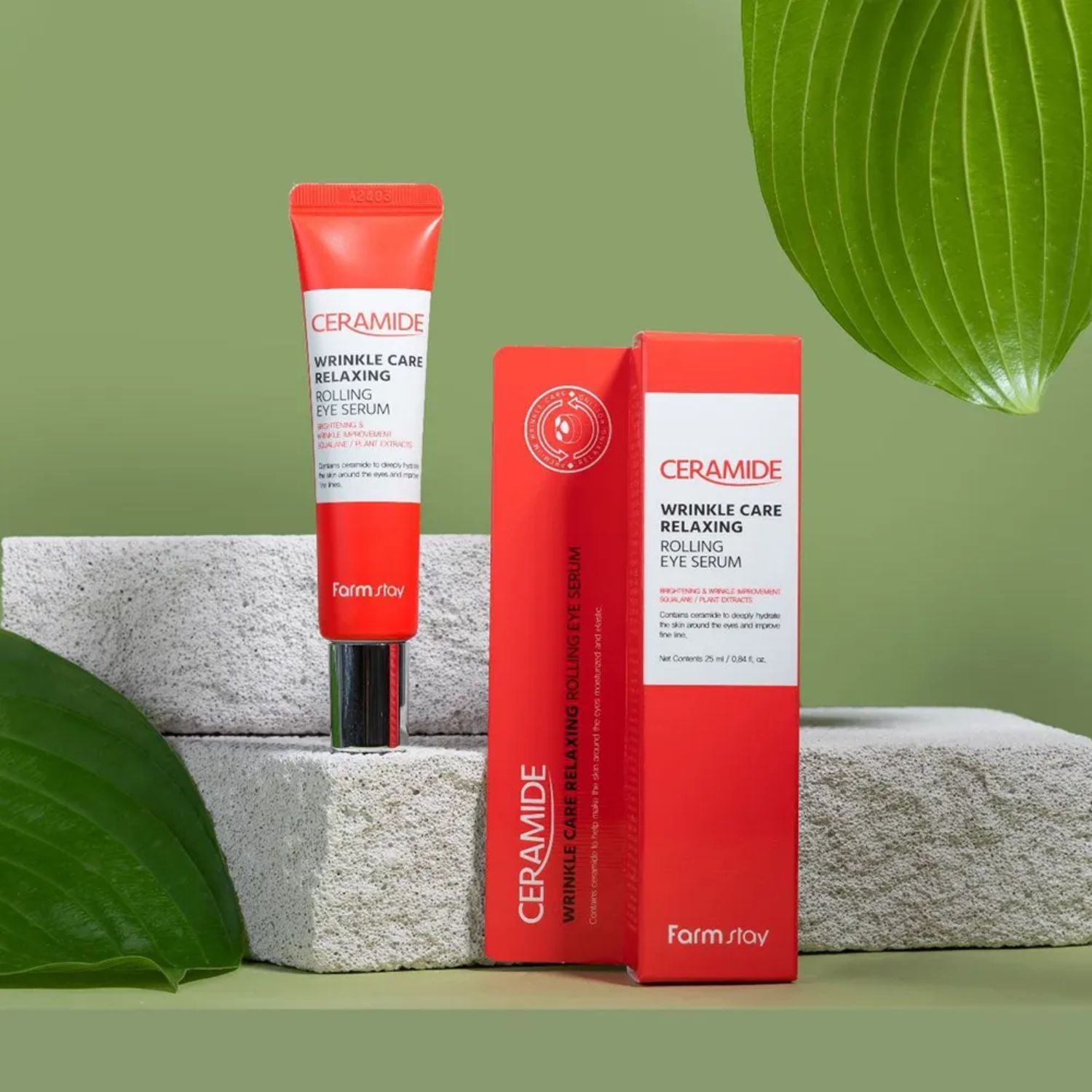 Farmstay Ceramide Wrinkle Care Relaxing Rolling Eye Serum in a 25ml bottle, featuring a rollerball applicator for gentle eye area treatment.
