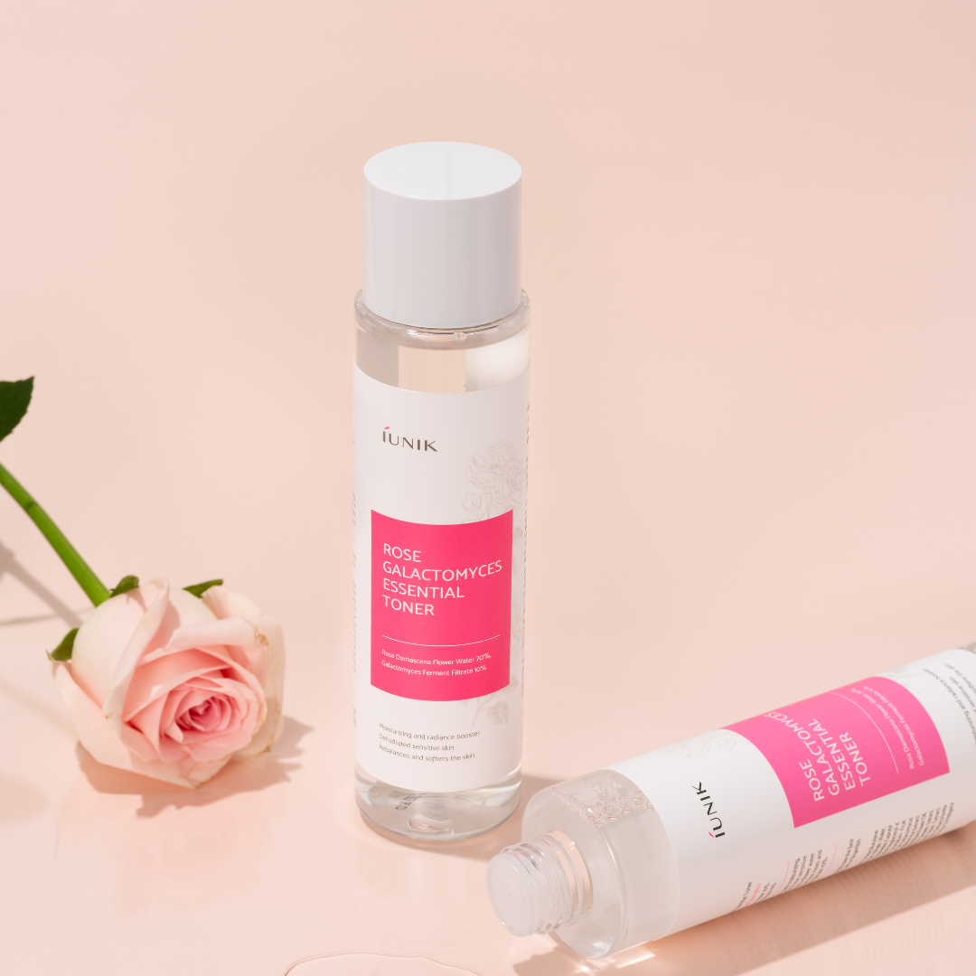 iUNIK Rose Galactomyces Essential Toner in a 200ml bottle, showcasing the clear liquid and minimalist packaging.