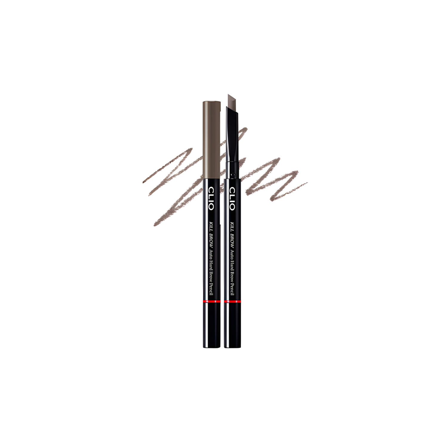Clio Kill Brow Auto Hard Eyebrow Pencil with sharpened tip and brow filling in a sleek black design, ready for precise eyebrow shaping.