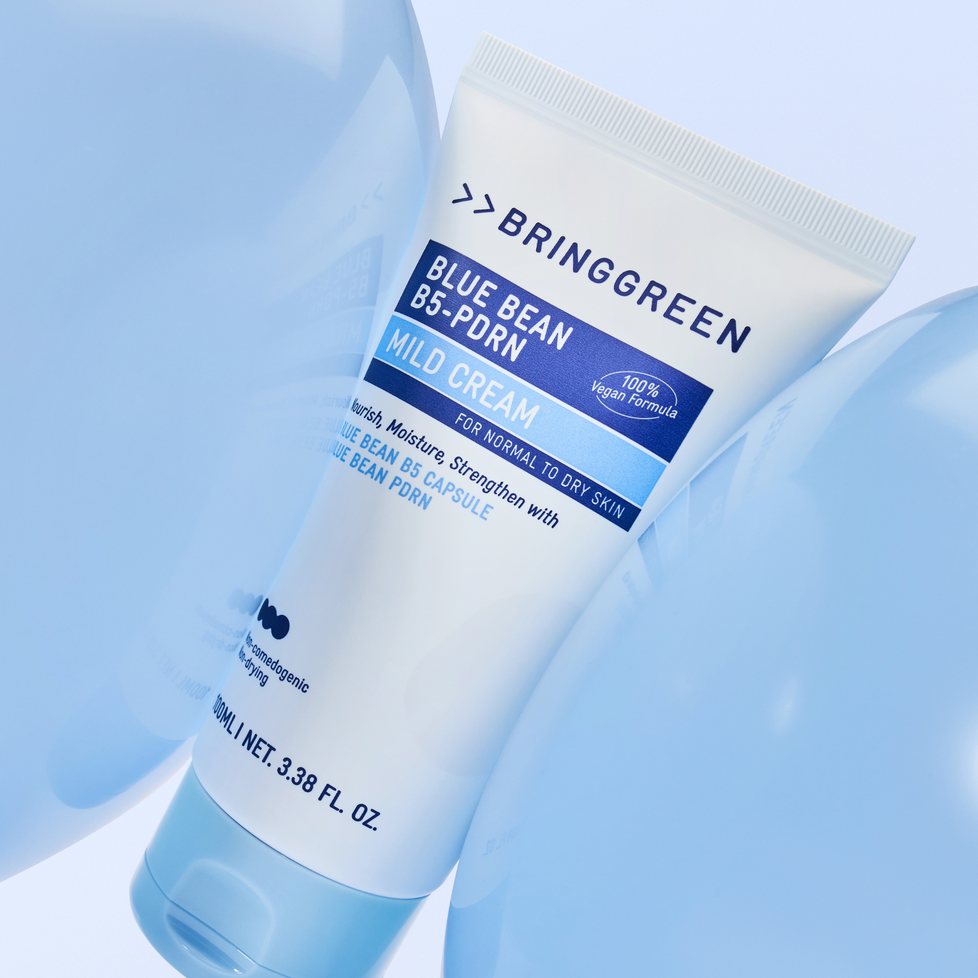 Bring Green Blue Bean B5-PDRN Mild Face Moisturizer in 100ml jar with blue packaging and smooth cream texture