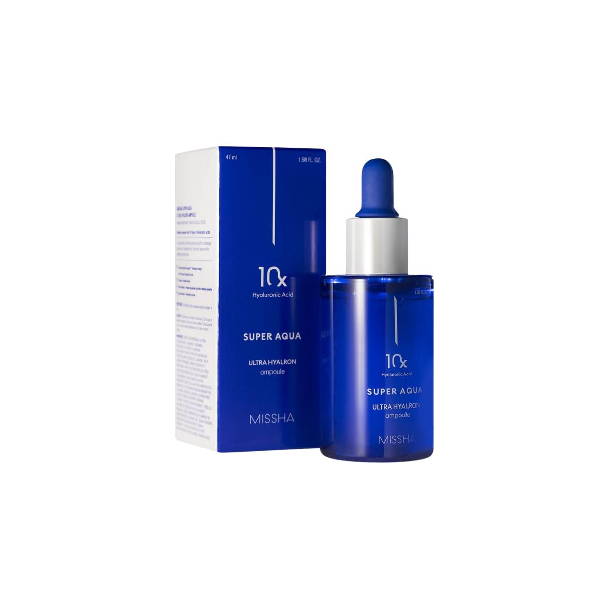Missha Super Aqua Ultra Hyalron Ampoule 47ml bottle with clear packaging and blue accents, showcasing the skincare product.