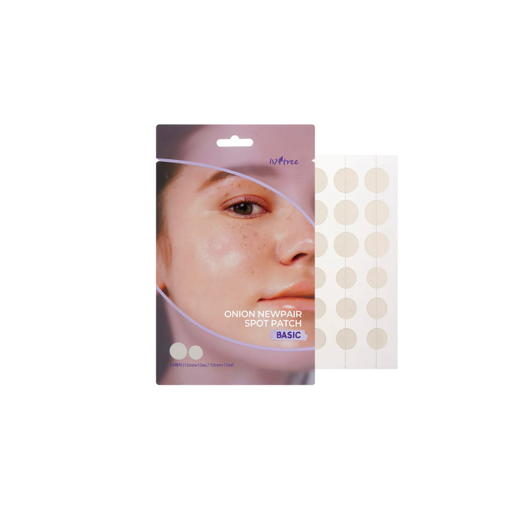 Isntree Onion Newpair Spot Patch Basic with 24 acne patches for targeted skin care on blemishes and breakouts.