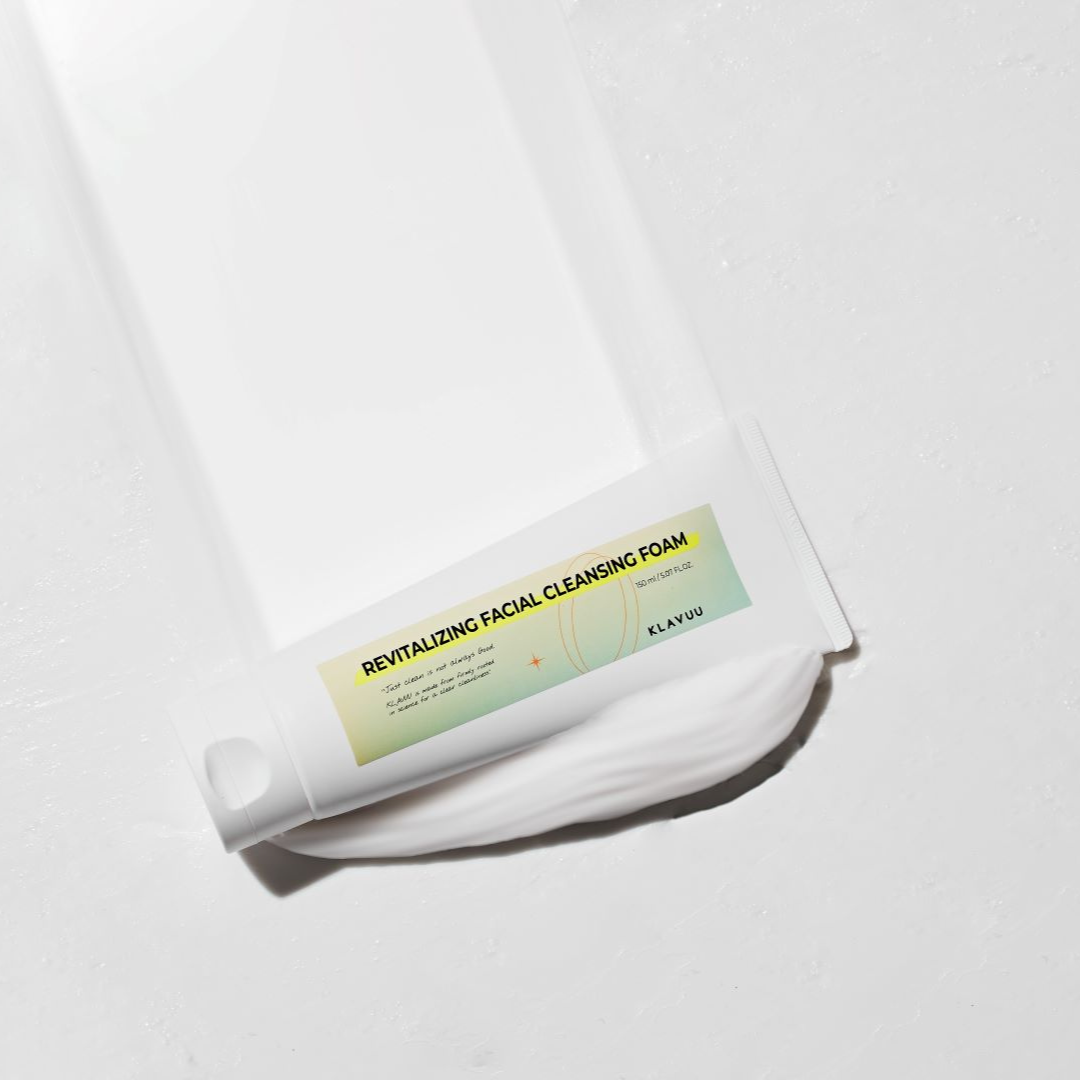 Klavuu revitalizing facial cleansing foam in a 150ml tube, showcasing its gel and foam cleanser texture for gentle skin cleansing.