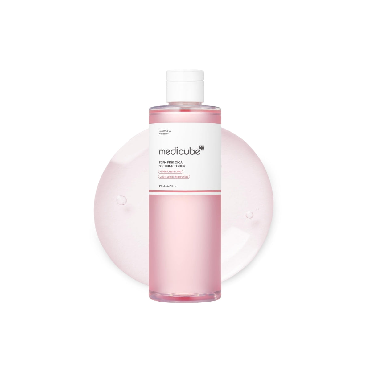 Medicube PDRN Pink Cica Soothing Toner 250ml bottle with pink and white label, featuring a clear liquid inside.
