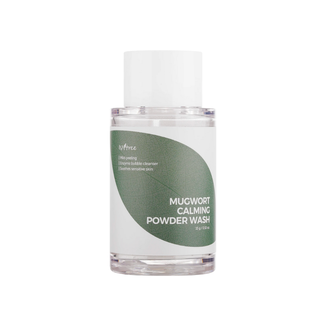 Isntree Mugwort Calming Powder Wash 15G, natural powder cleanser with mugwort for soothing skin, shown in a clear container.