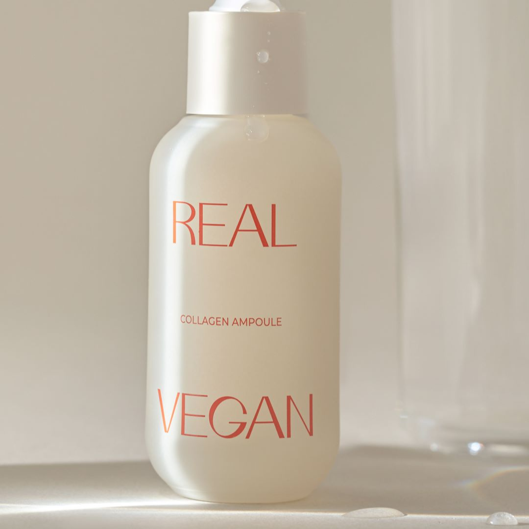 Klavuu Real Vegan Collagen Ampoule 30ml in a sleek glass bottle with a dropper for skincare use.