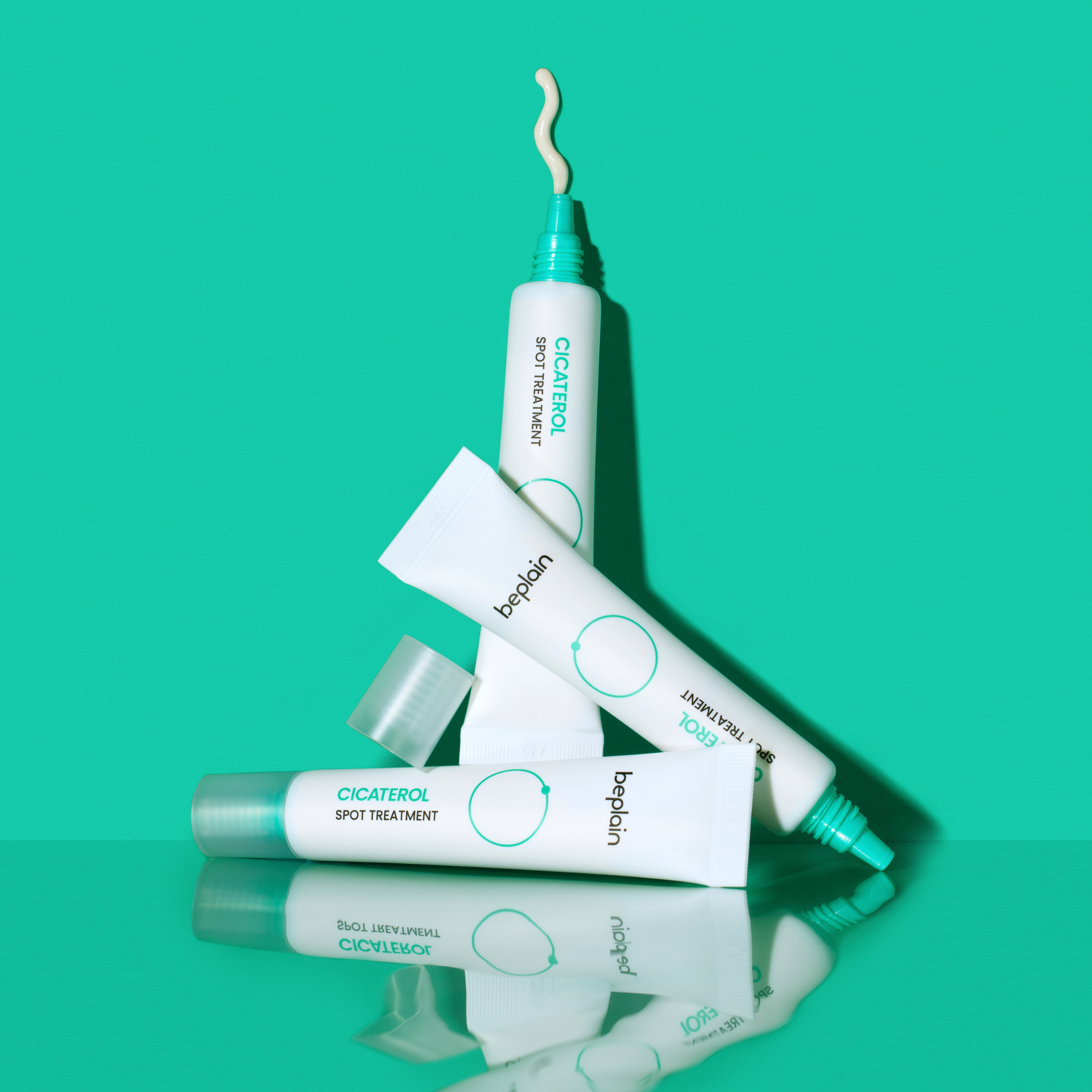 Beplain Cicaterol spot treatment in 15ml tube, featuring small patches and cream for acne scars and skin healing.