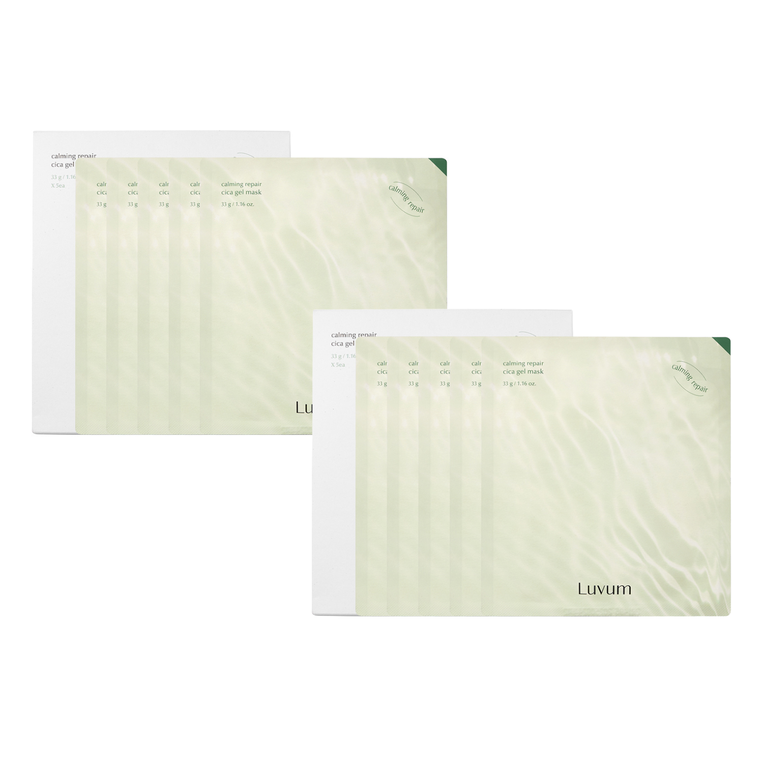 Luvum Calming Repair Cica Gel Mask twin pack box showing two white and green mask containers with soothing design.