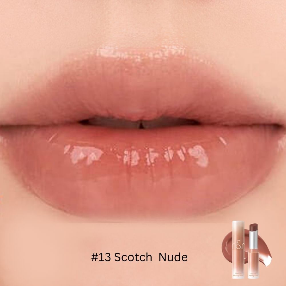 Rom&nd Glasting Melting Balm lipstick in a sleek tube, showing a smooth, shiny lip balm with a glossy finish.