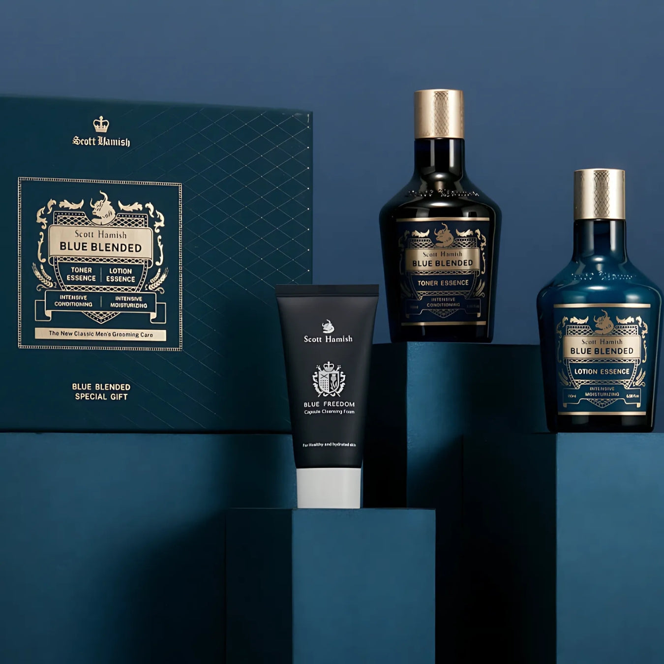 Blue Scott Hamish skincare set with blended products, featuring multiple skincare items arranged in a gift box.