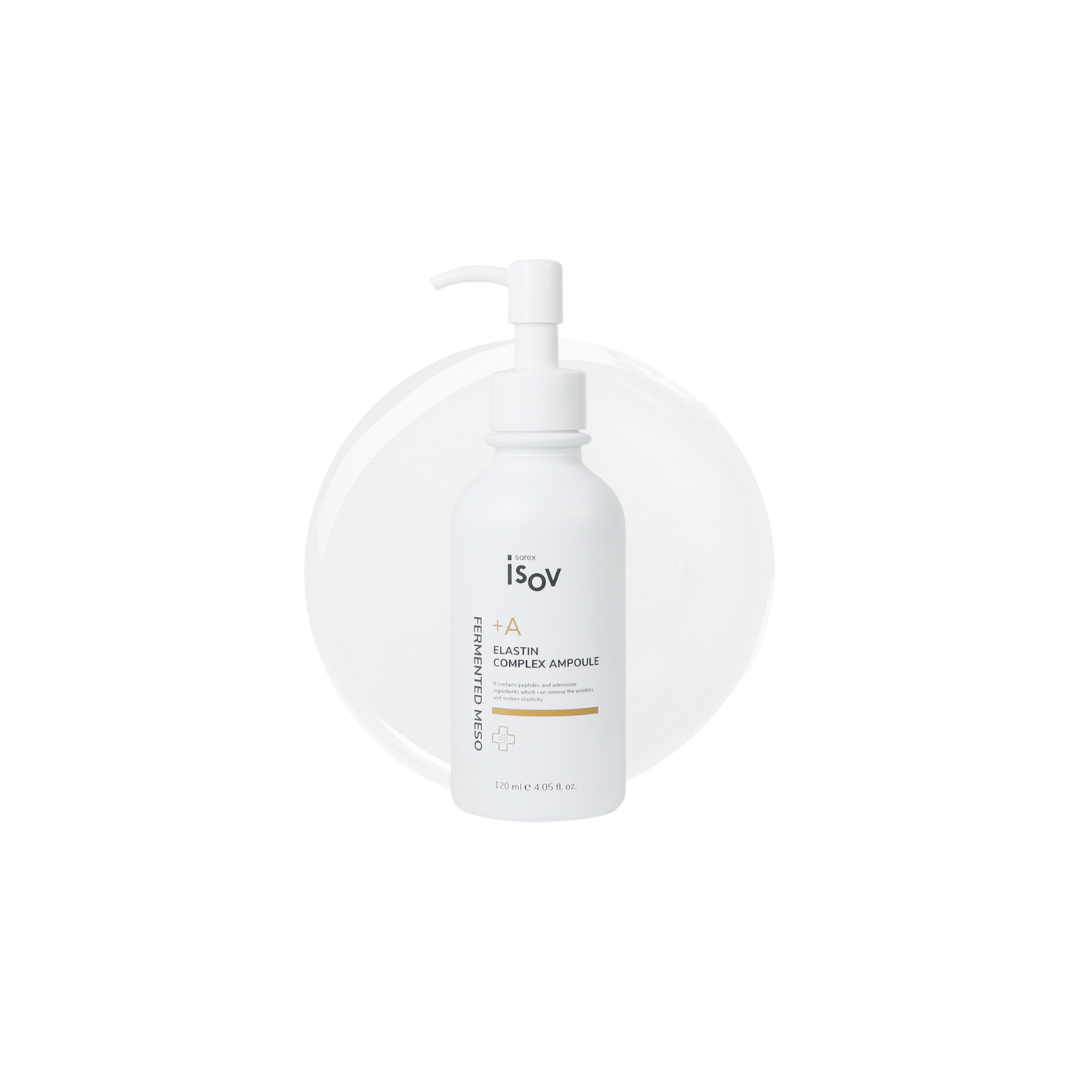 ISOV Fermented Meso+A Ampoule 120ml in a clear bottle, showing liquid content and product label, designed for skincare.