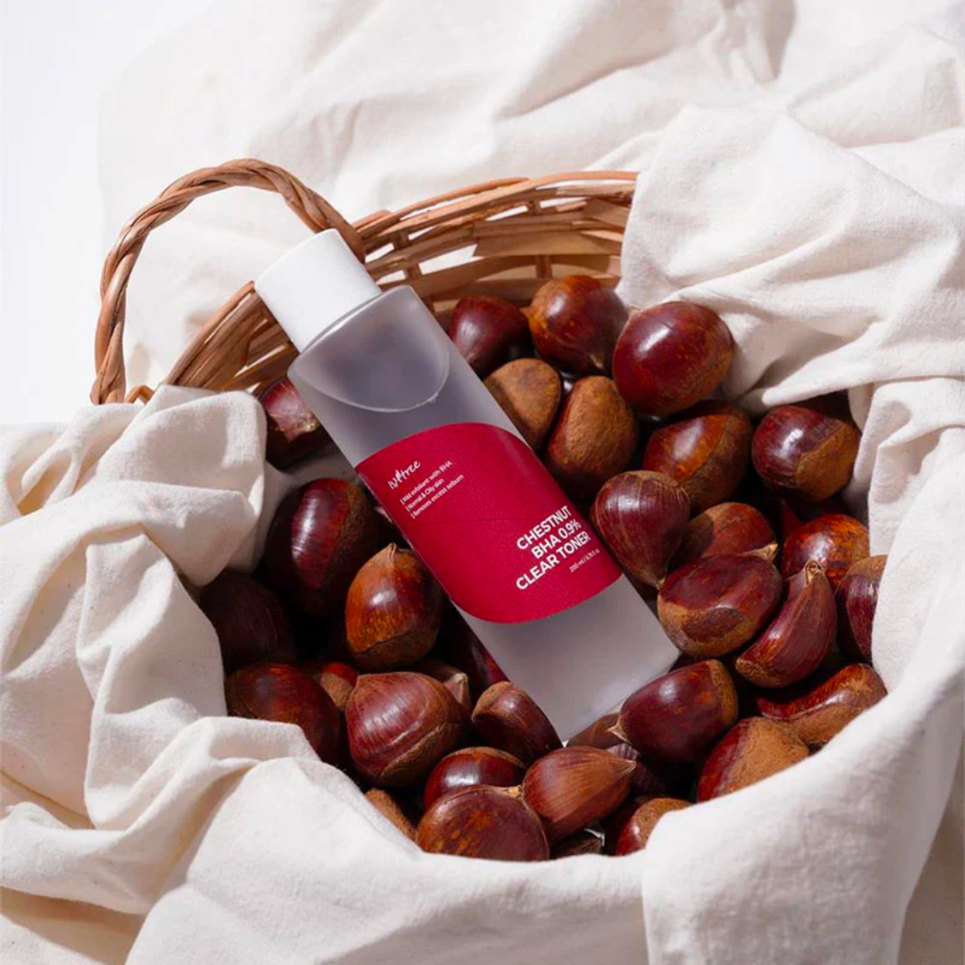 Isntree Chestnut BHA 0.9% clear toner bottle, 200ml, with a clean, minimalist design and product label visible.