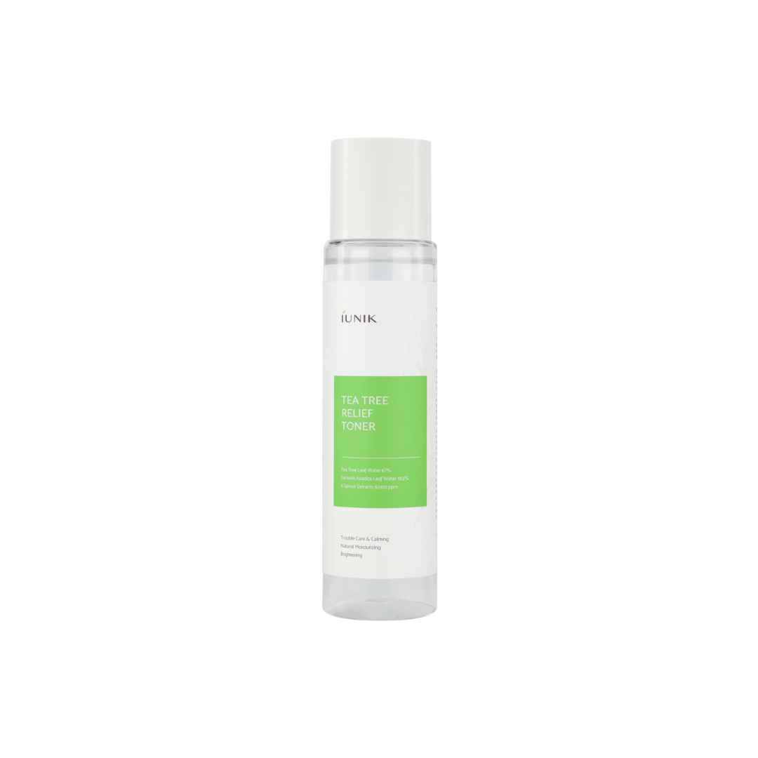 iUNIK Tea Tree Relief Toner 200ml bottle with clear label, designed for soothing and clarifying skin.