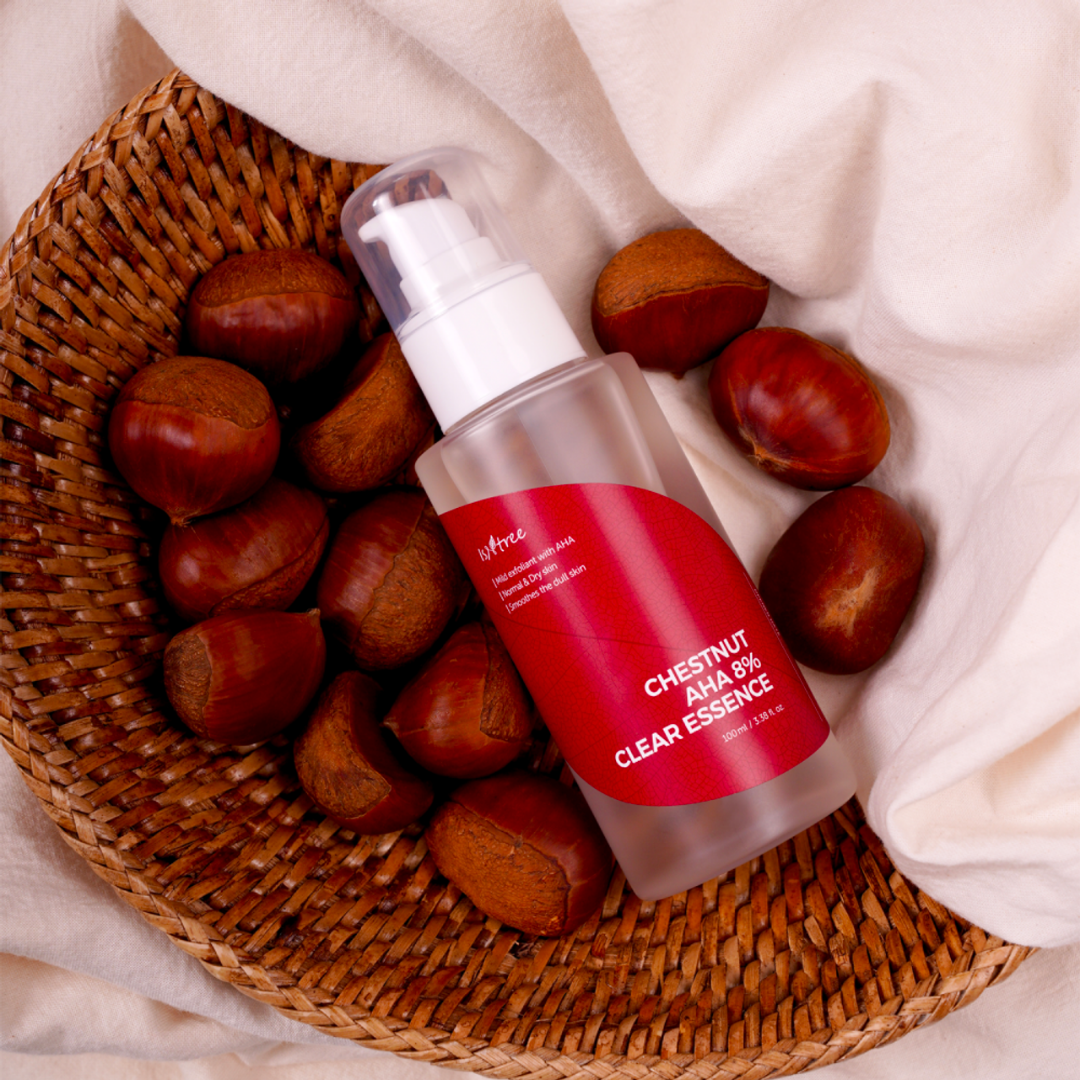 Isntree Chestnut AHA 8% Clear Essence bottle with clear liquid, 100 mL, on a white background.