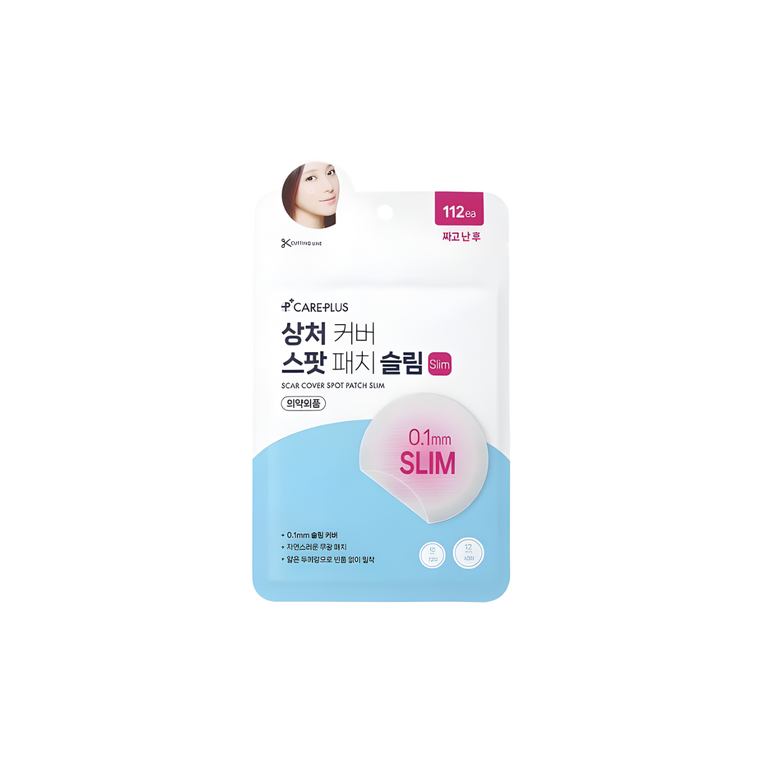 Care Plus Scar Cover Spot Patch Slim, 112 adhesive patches for scar treatment, shown on skin in a close-up image.