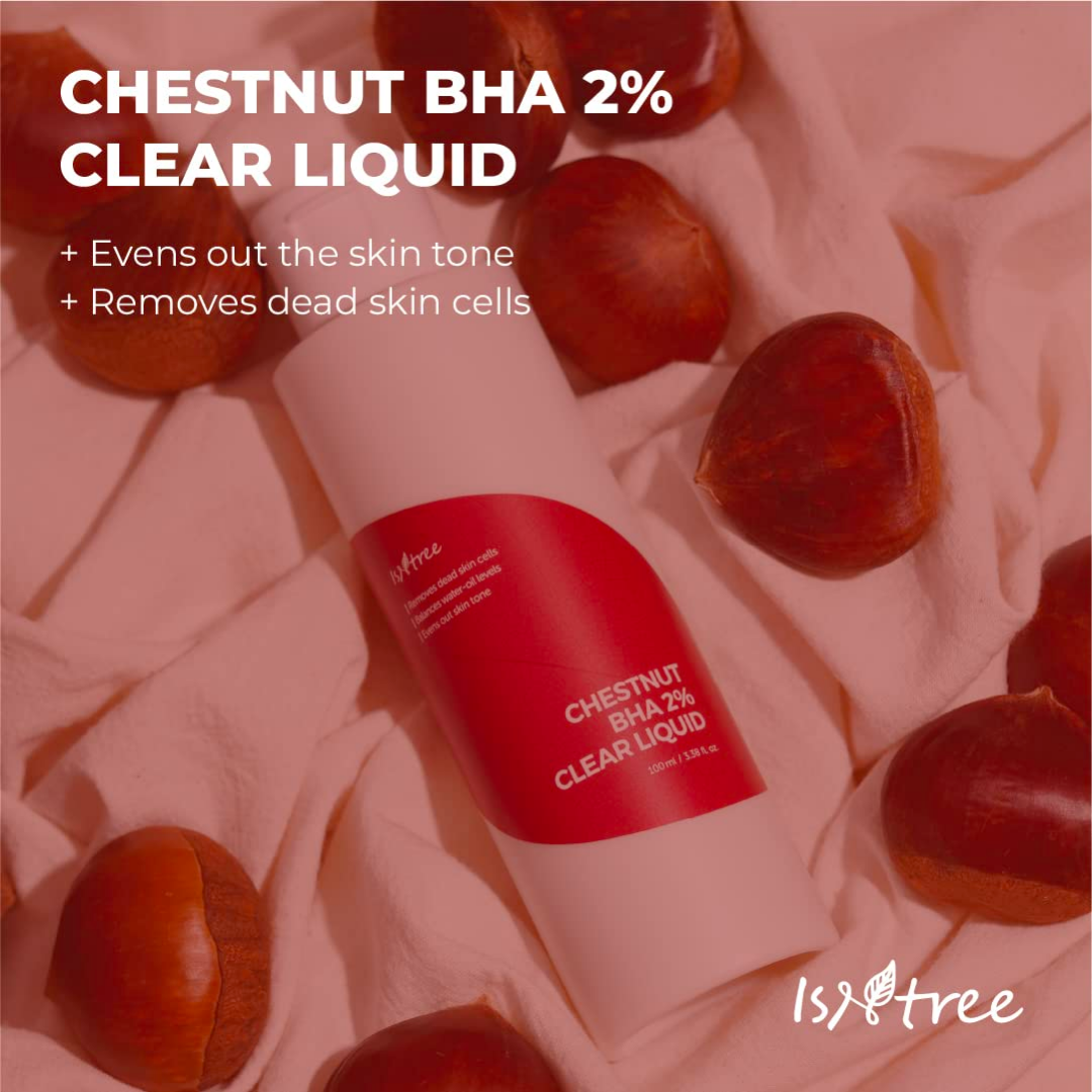 Isntree Chestnut BHA 2% Clear Liquid exfoliant bottle with dropper, 100 mL, showcasing the product label.