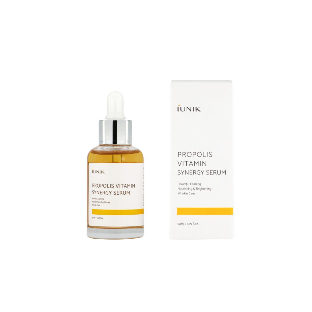 iUNIK Propolis Vitamin Synergy Serum 50ml bottle showing the serum inside with a sleek pump dispenser and packaging.