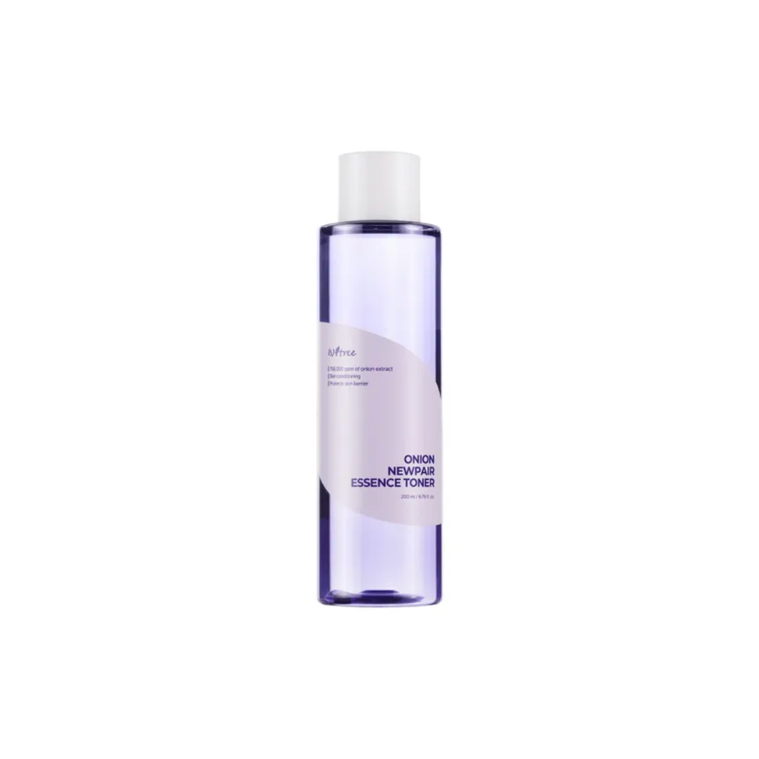 Isntree Onion Newpair Essence Toner in a clear 200 mL bottle, with a minimalist label, designed for skincare hydration.