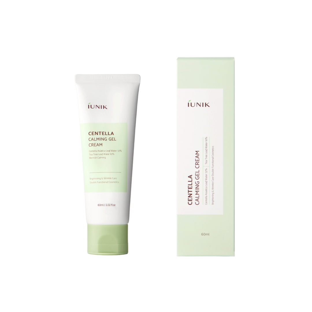 iUNIK Centella Calming Gel Cream 60ml in a clear jar, featuring a soothing, lightweight face moisturizer with natural centella extract.