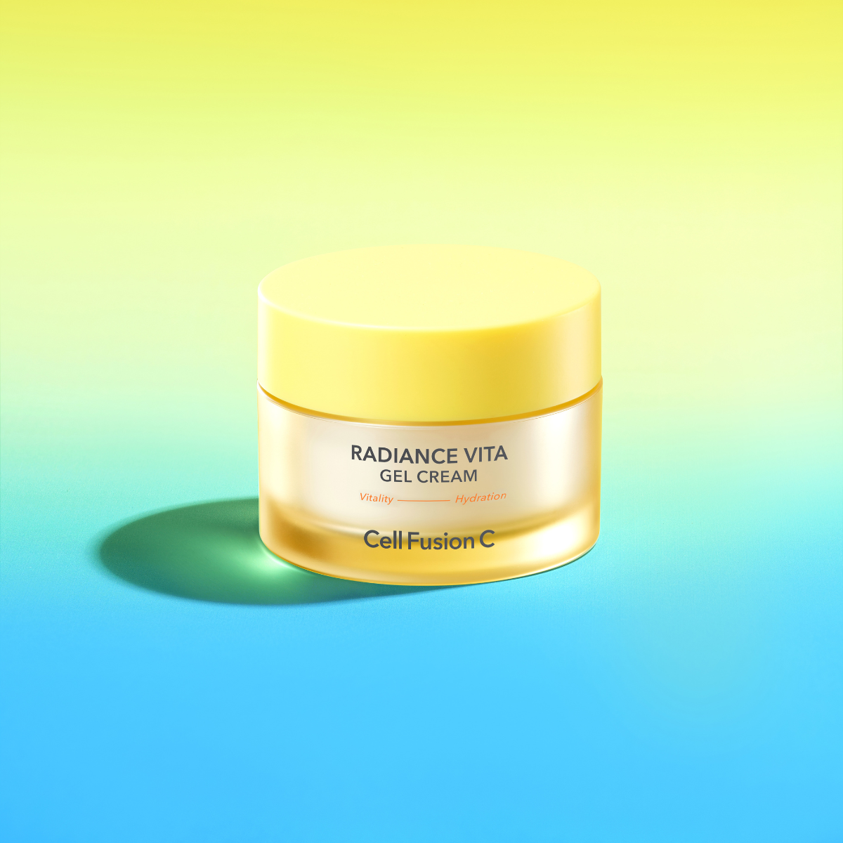 Cell Fusion C Radiance Vita Gel Cream 55ml face moisturizer jar with vibrant packaging and fresh, hydrating gel texture inside.