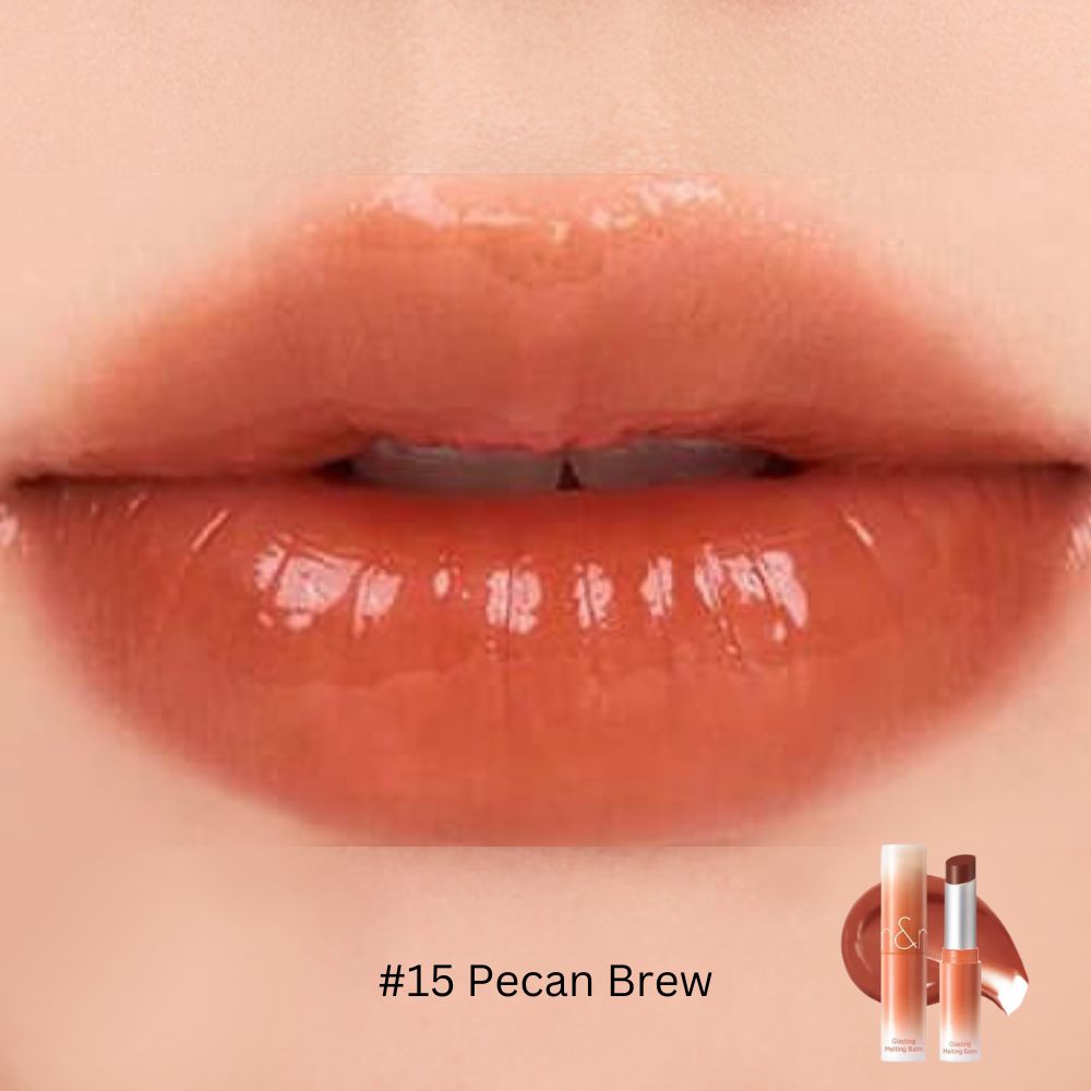 Rom&nd Glasting Melting Balm lipstick in a sleek tube, showing the glossy, melting balm formula and vibrant color.