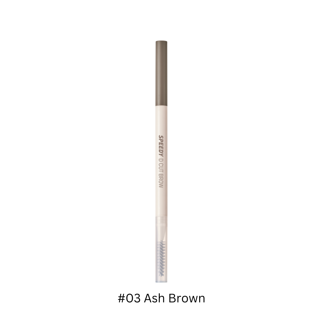 Peripera Speedy D Cut Brow eyebrow product shown in a sleek container with the eyebrow applicator visible.