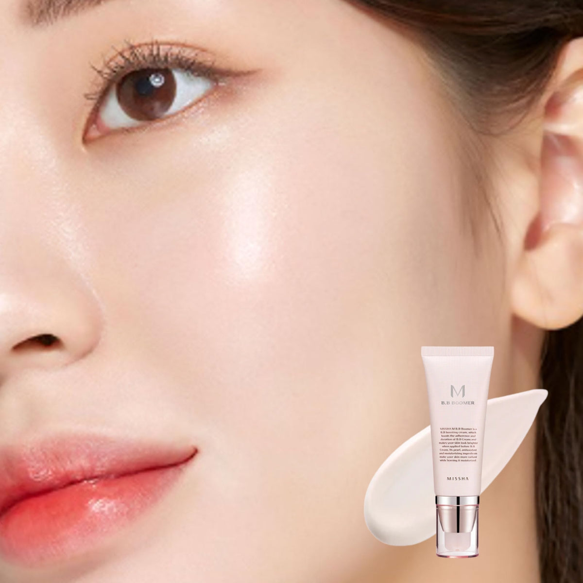 Missha M BB Boomer 40ml face primer in a sleek tube, showing the product with a smooth, creamy texture and minimalist design.