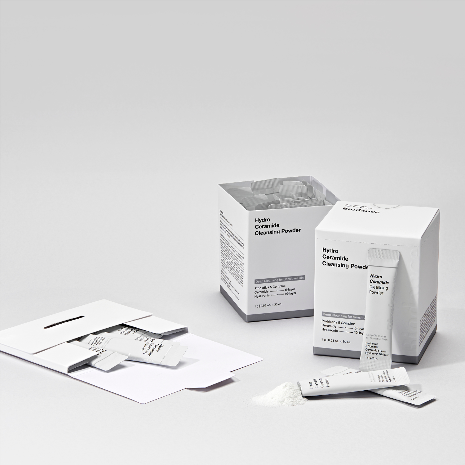 Biodance Hydro Ceramide Cleansing Powder for gentle exfoliation and deep cleansing, shown in a close-up of the powder packets.
