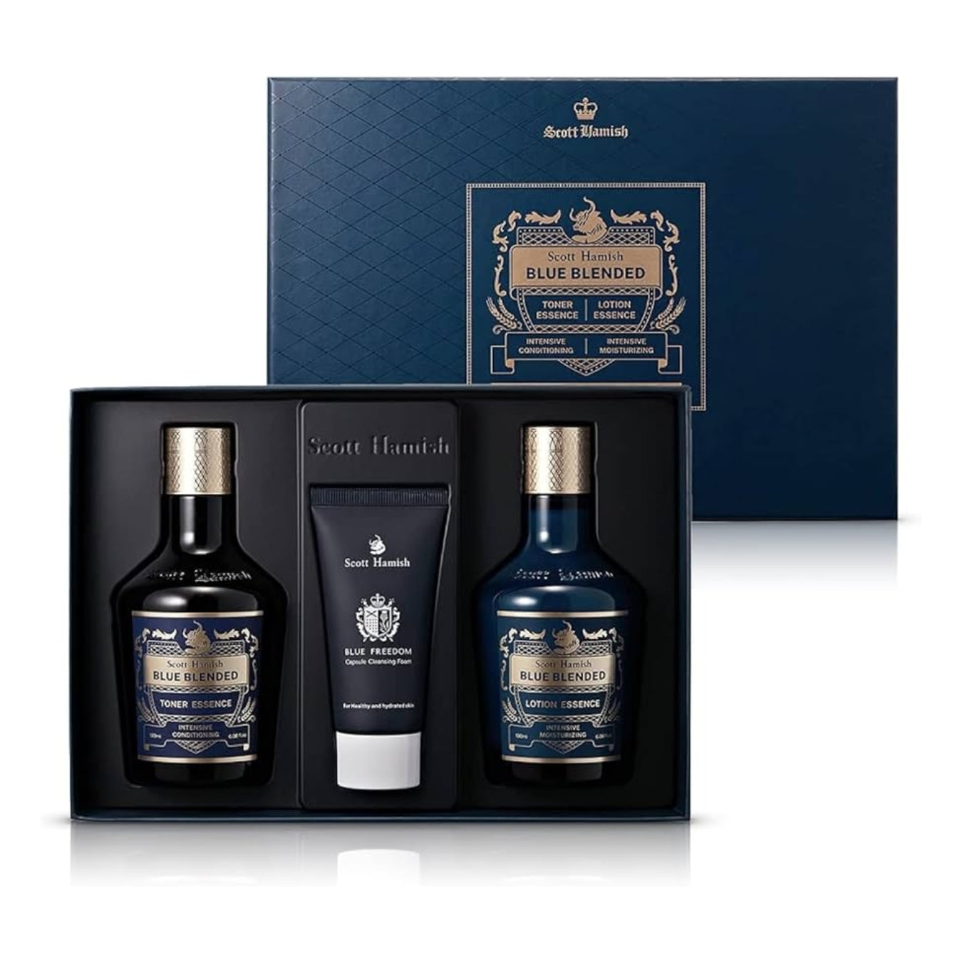 Scott Hamish Blue Blended Special Gift skincare set with assorted bottles and containers in a gift box.